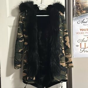 Beautiful fur lined camo coat with removable rabbit fur liner